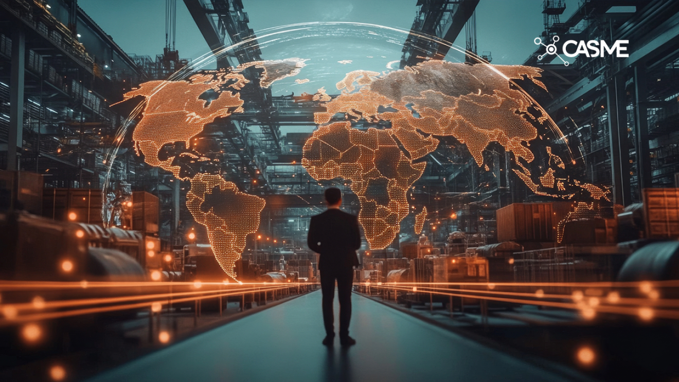 A person overlooking a global light up in warehouse to illustraste The Evolving Procurement Playbook for Volatile Markets