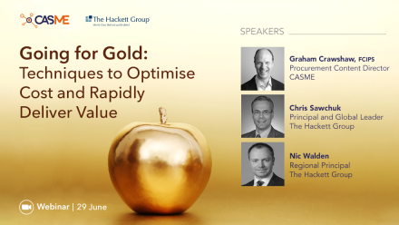 Image of golden apple and speakers for the webinar