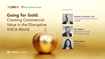 Gold apple with webinar speakers headshots